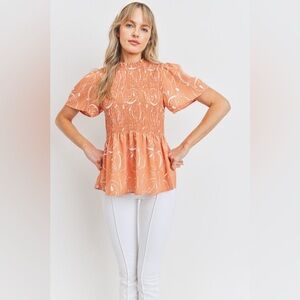 Smocked Peplum Short Sleeve Top - Orange/Coral